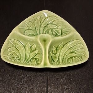 Vintage Mid Century Modern Green Jungle Leaves Botanical Ceramic 3 Compartment